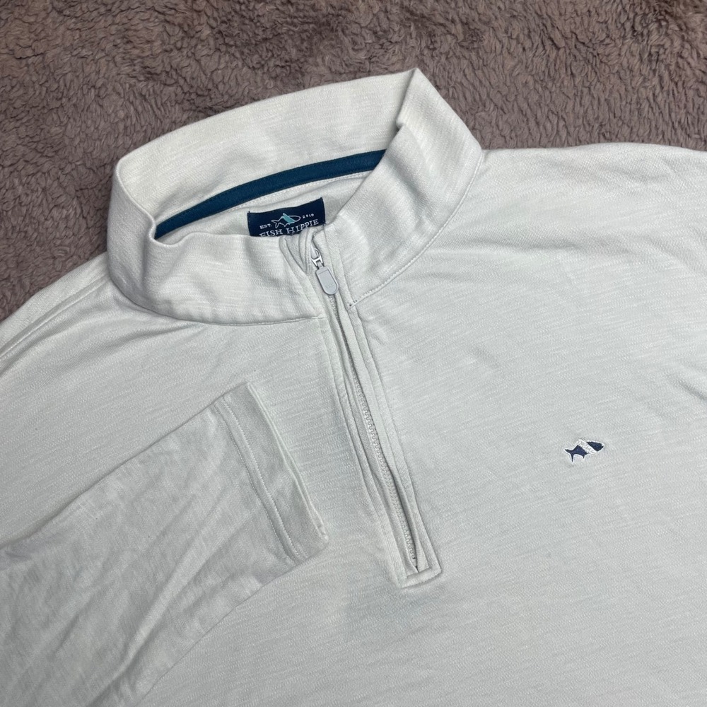Fish Hippie Mens Large Quarter Zip Pullover Slub Off- White Cotton Modal L